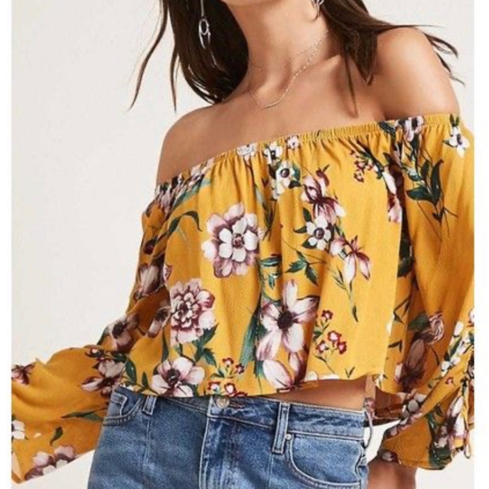 Forever 21 Women’s Off-the-shoulder Tropical Floral Sheer Blouse Yellow Size 2X